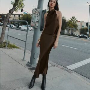 NWT Zara Satin Midi Skirt in Brown